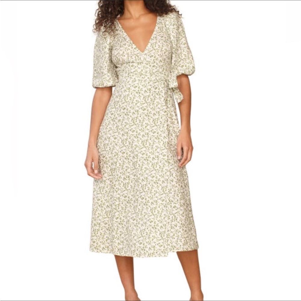 Reformation Mint Linen Midi Wrap Dress Floral Print V Neck Women's Size L